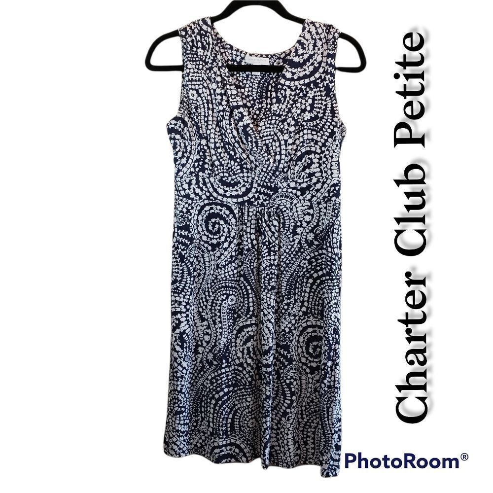 *Charter Club, Women's ,Navy and White  Dress, Sleeveless,   S Petite EUC